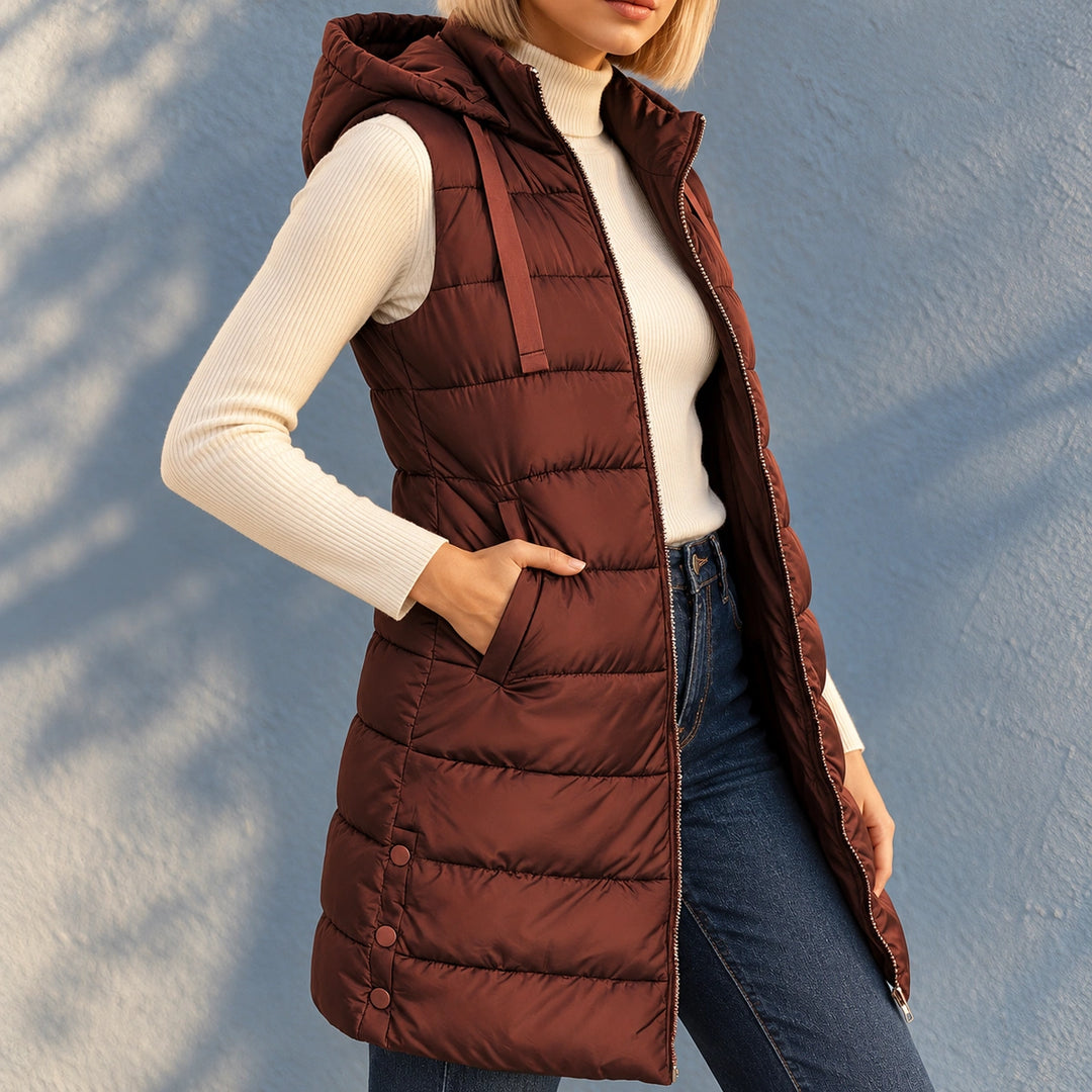 Shannon Long Quilted Hooded Puffer Vest - Crimson