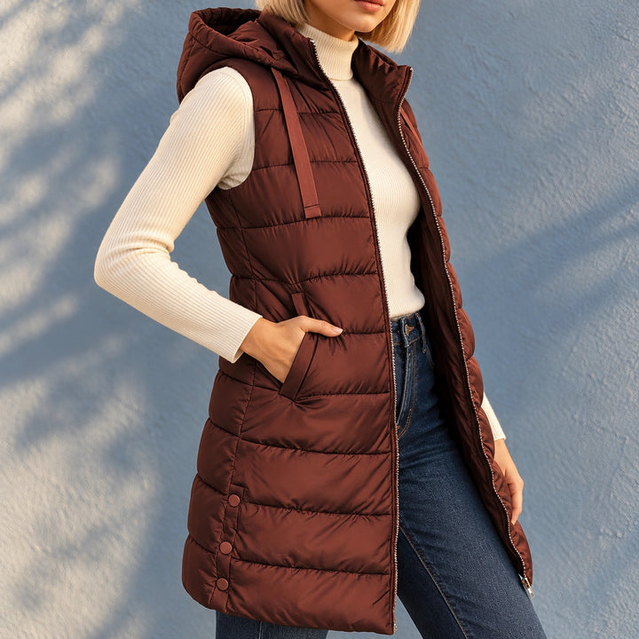 Shannon Long Quilted Hooded Puffer Vest - Crimson