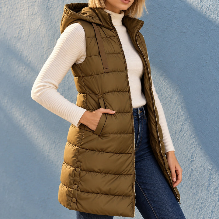 Shannon Long Quilted Hooded Puffer Vest - Dark Brown