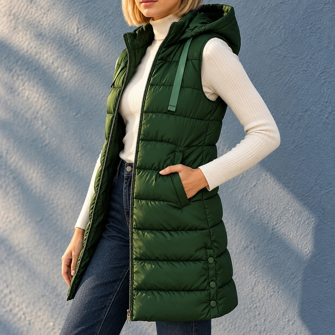 Shannon Long Quilted Hooded Puffer Vest - Green