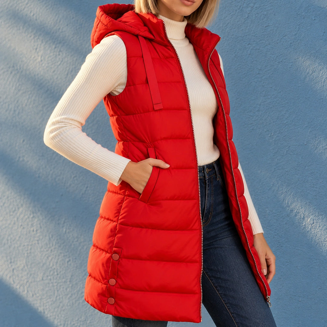 Shannon Long Quilted Hooded Puffer Vest - Red