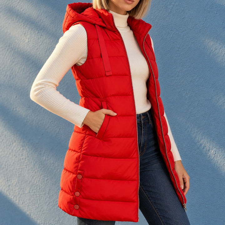 Shannon Long Quilted Hooded Puffer Vest - Red