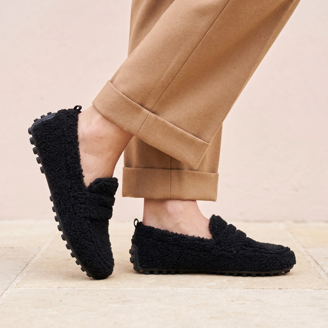 Silvana Teddy Fleece Penny Loafers - Black
