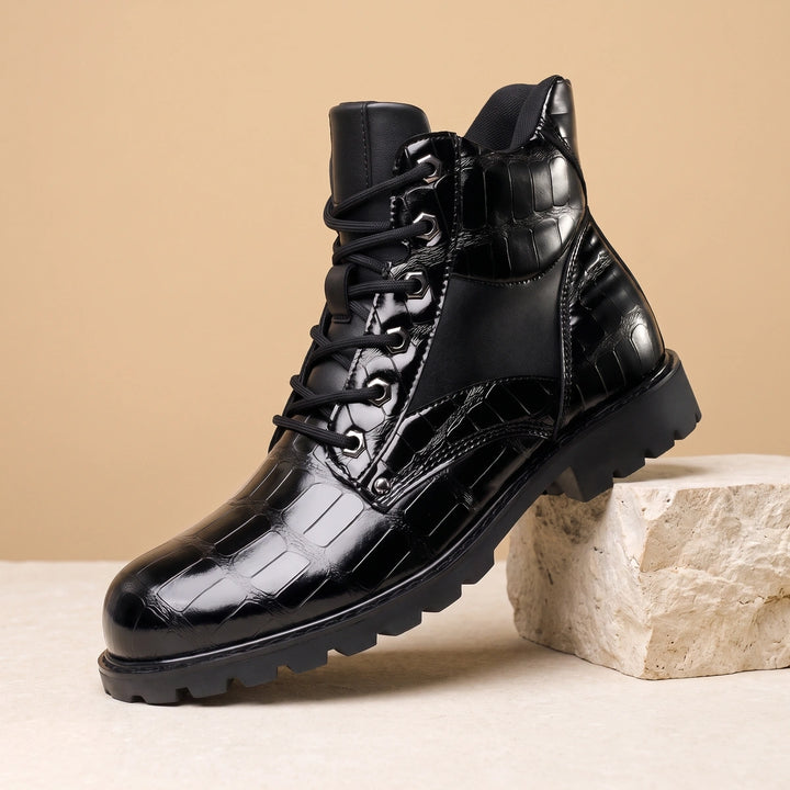 Silvio Croc Embossed Leather Lug Sole Combat Boots - Black