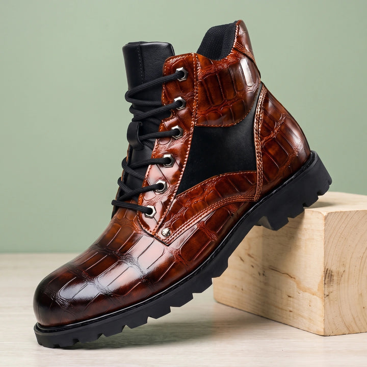 Silvio Croc Embossed Leather Lug Sole Combat Boots - Brown
