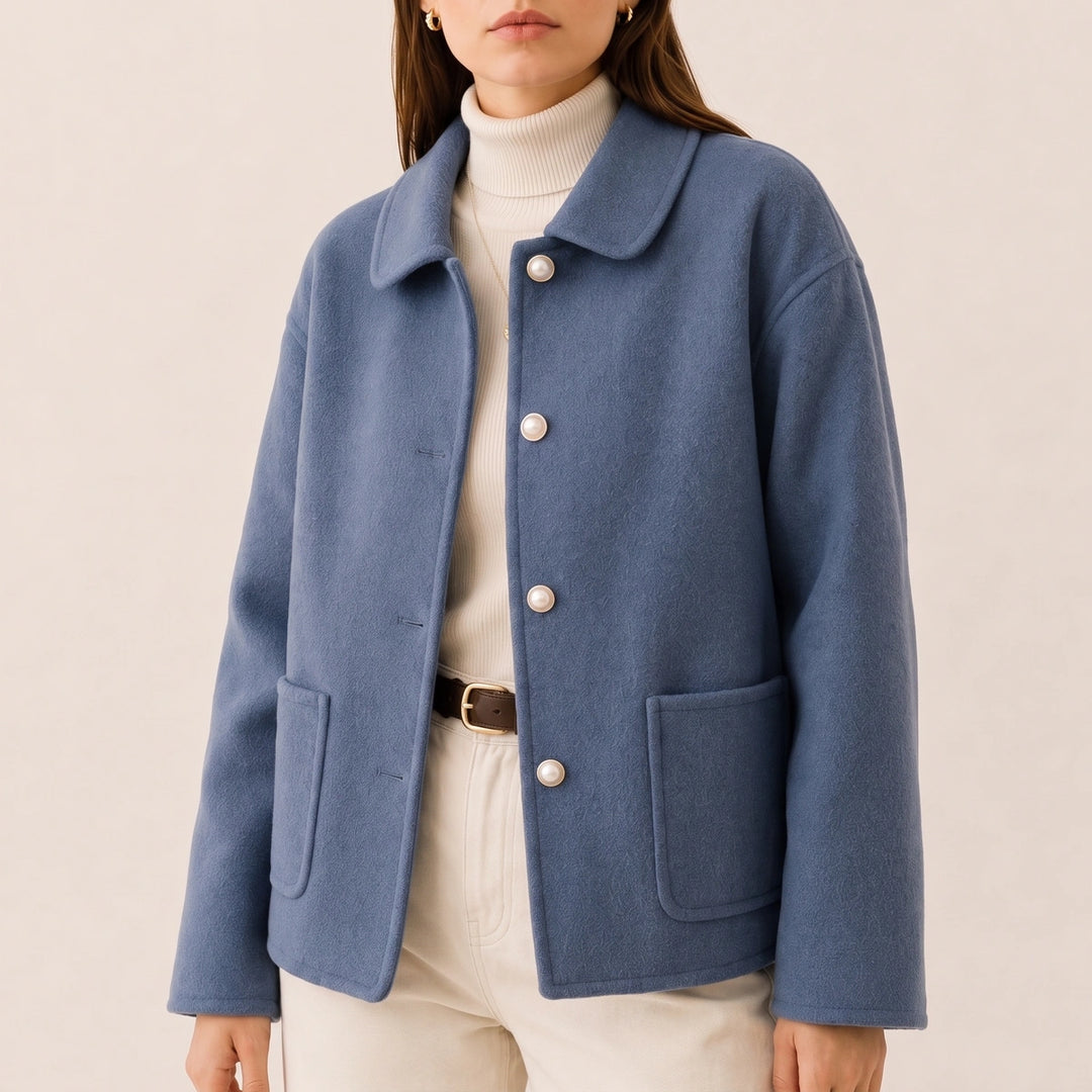 Sophia Cashmere Cropped Round Collar Coat - Blue