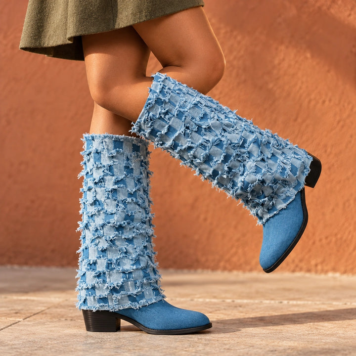 Sophronia Orthopedic Fringe Denim Knee Boots - Blue