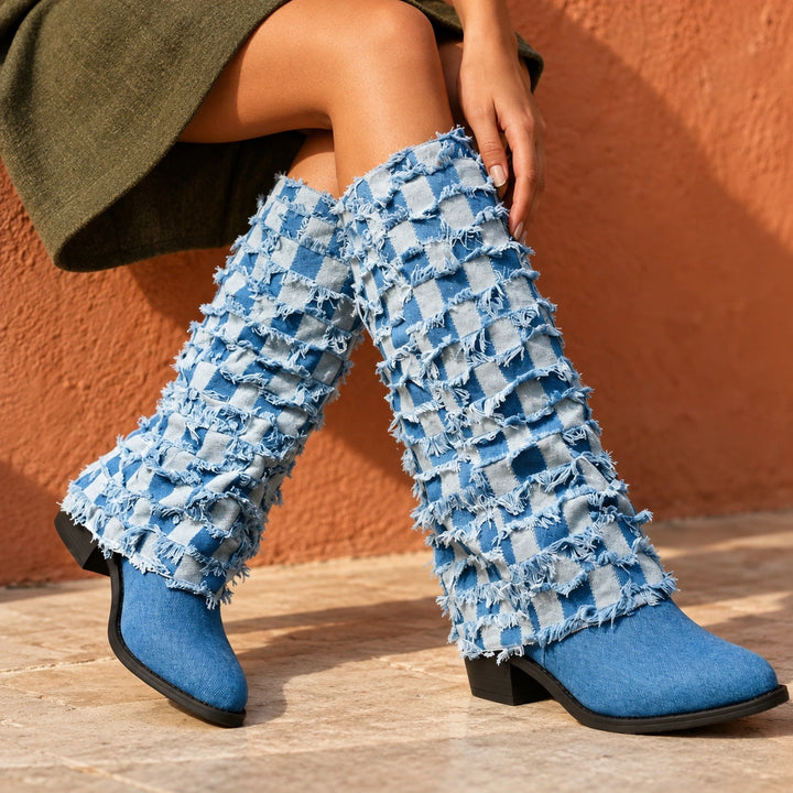 Sophronia Orthopedic Fringe Denim Knee Boots - Blue