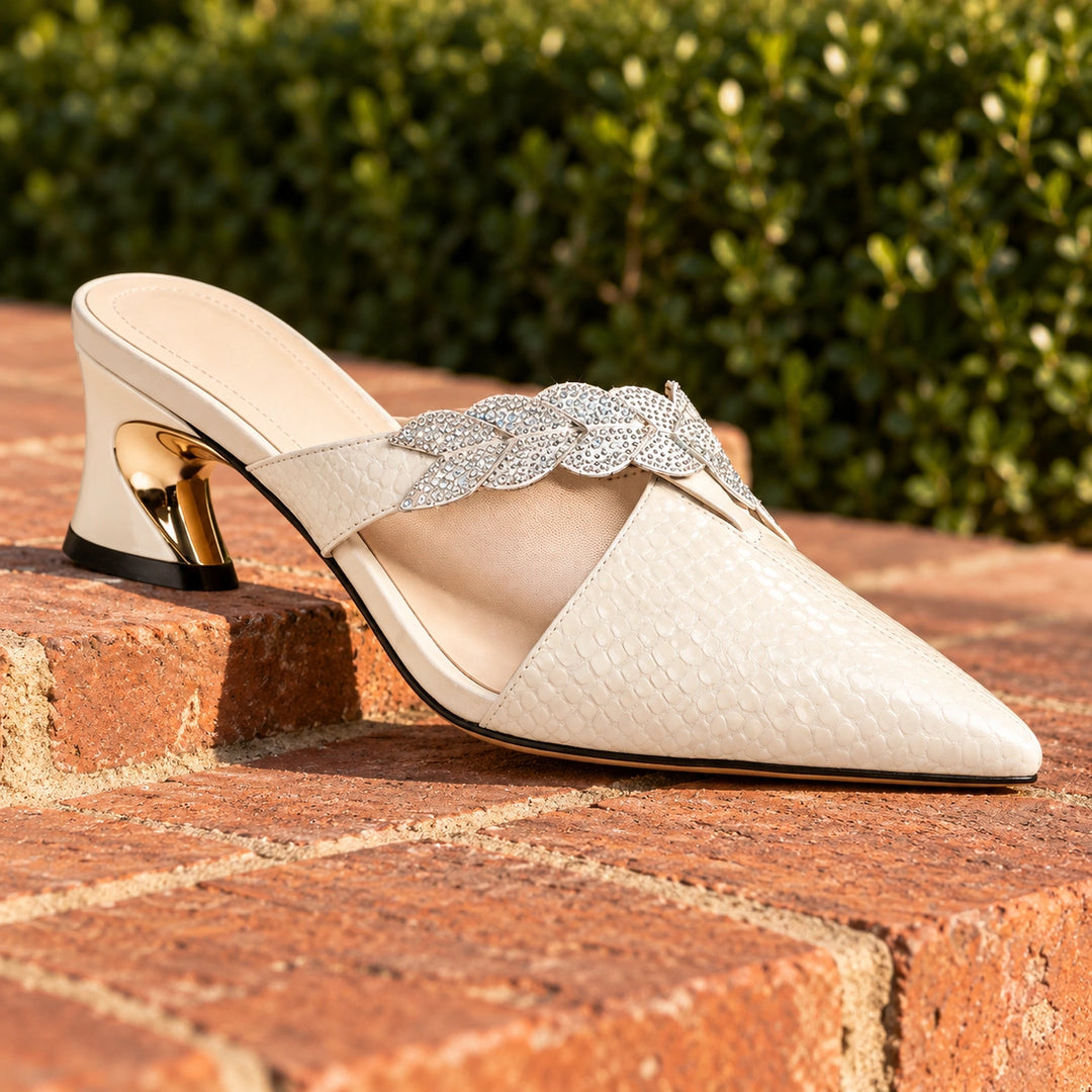 Stephanie Croc Embossed Crystal Strap Orb Heel Mules - White