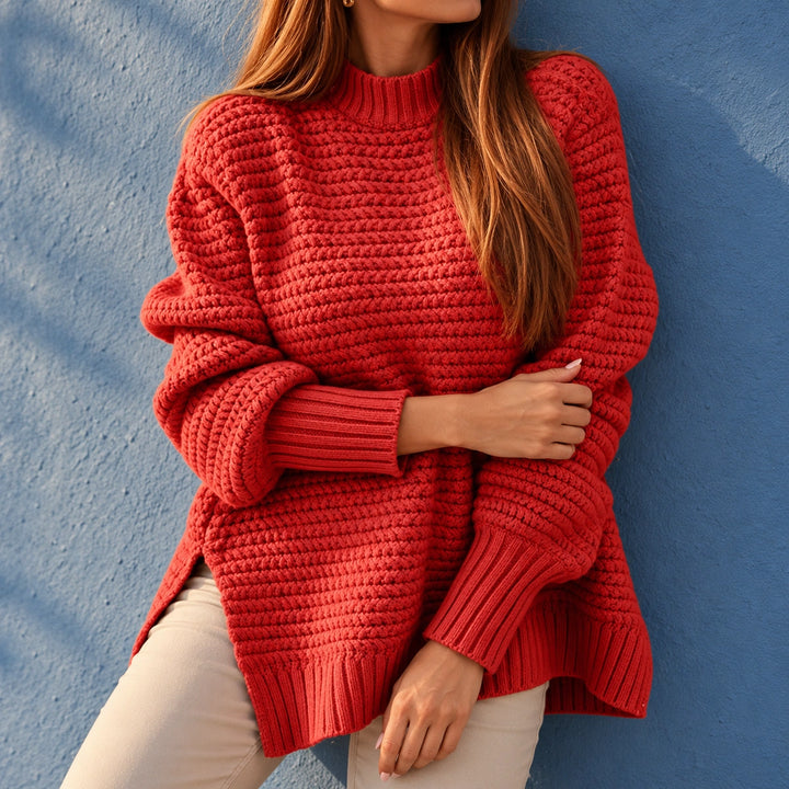 Susan Chunky Knit Side Slit High Collar Sweater - Red
