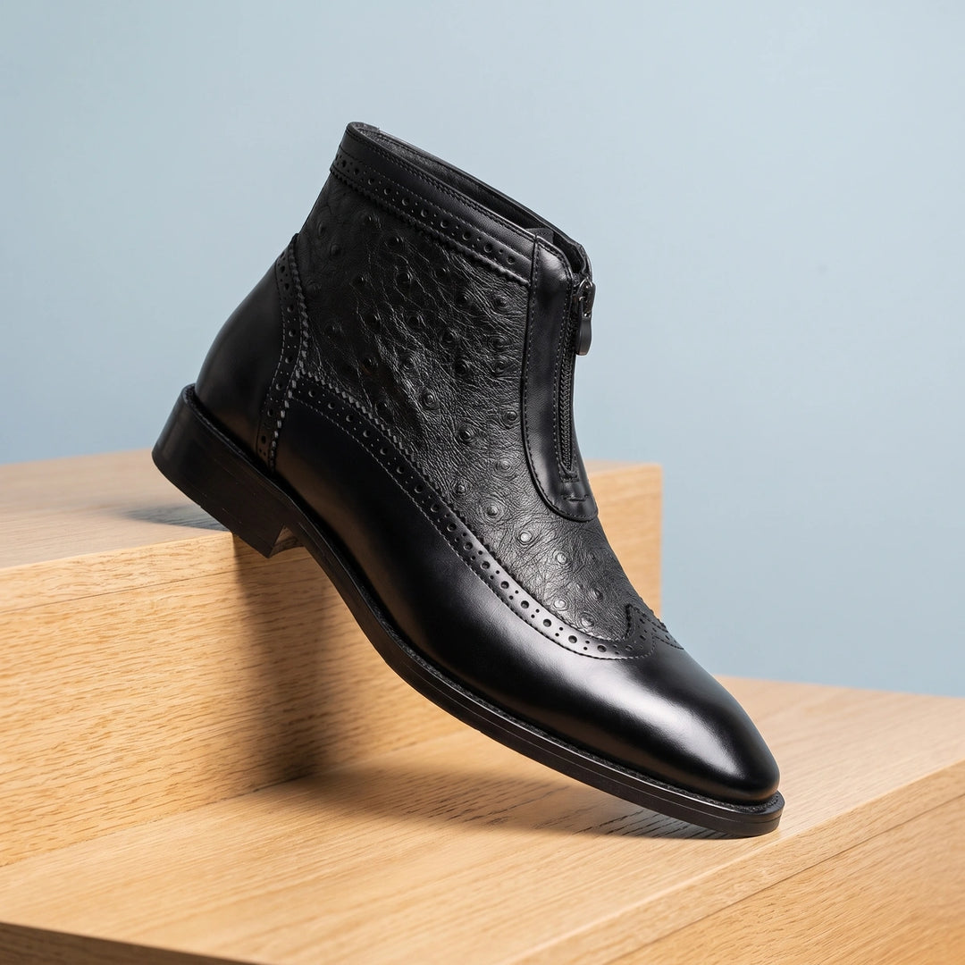 Tancred Ostrich Embossed Brogue Front Zip Boots - Black