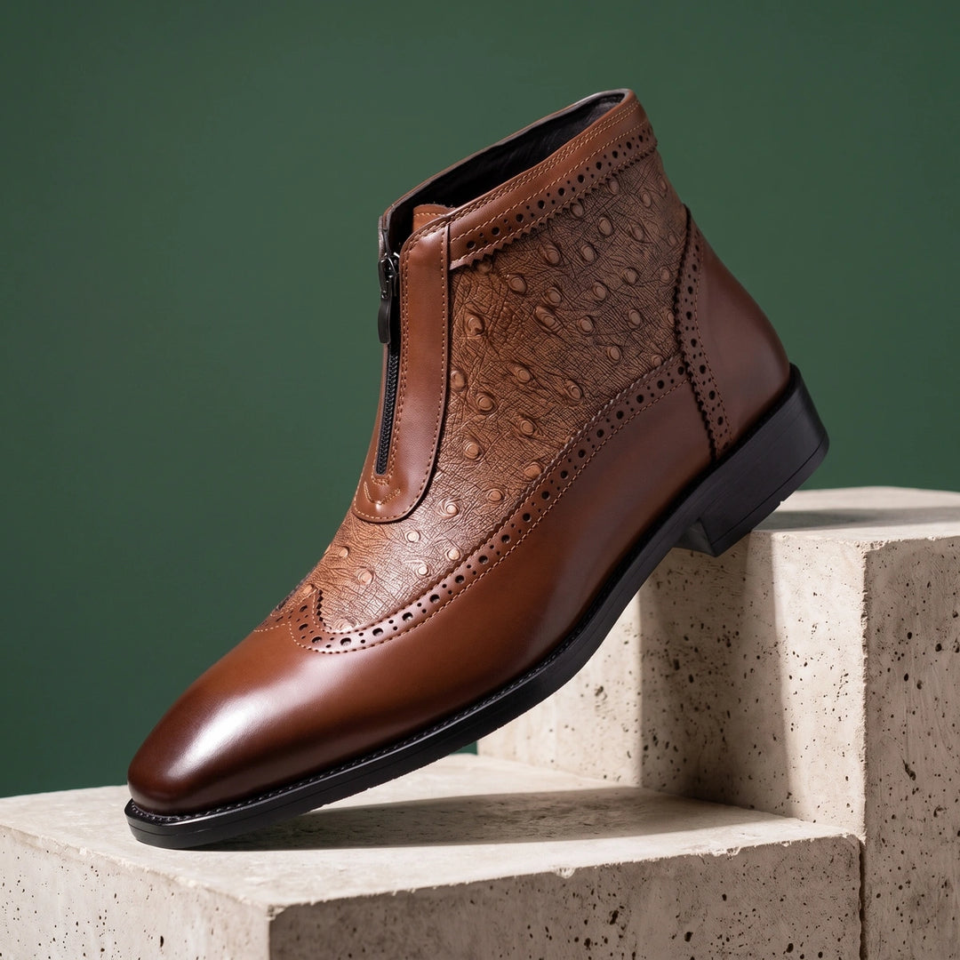 Tancred Ostrich Embossed Brogue Front Zip Boots - Brown