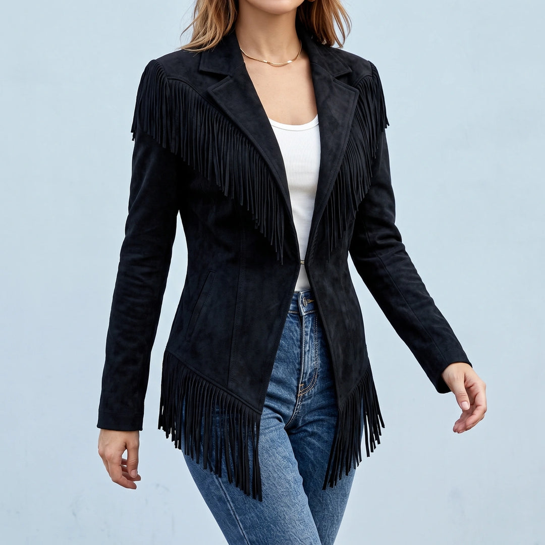 Temperance Fringed Microsuede Fitted Western Jacket - Black