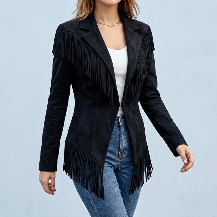 Temperance Fringed Microsuede Fitted Western Jacket - Black