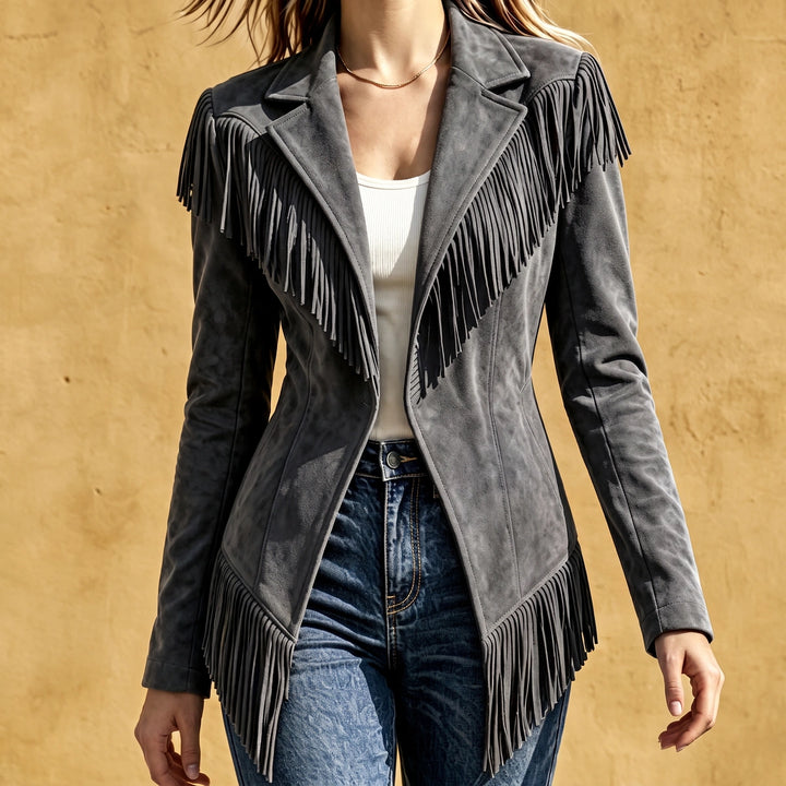 Temperance Fringed Microsuede Fitted Western Jacket - Gray