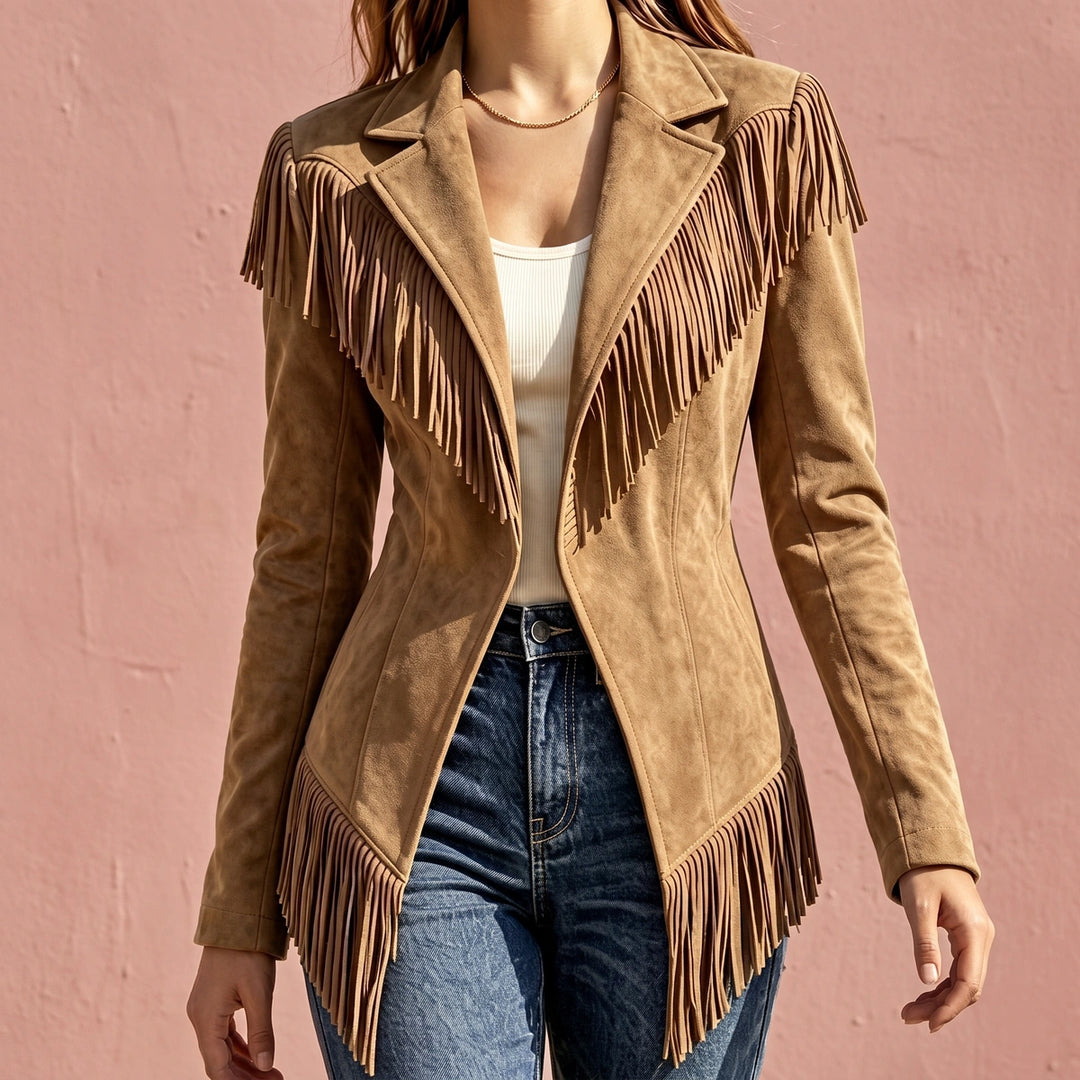Temperance Fringed Microsuede Fitted Western Jacket - Khaki
