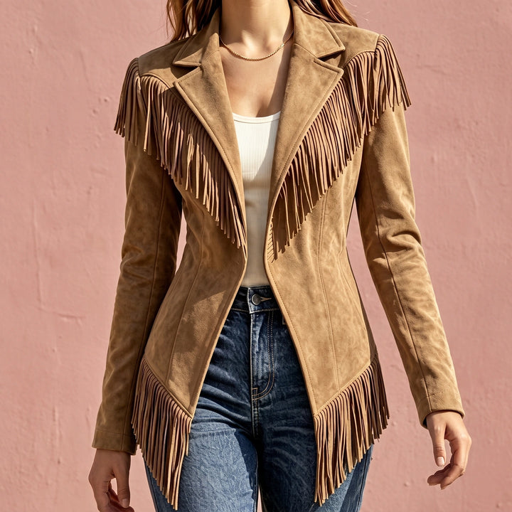 Temperance Fringed Microsuede Fitted Western Jacket - Khaki