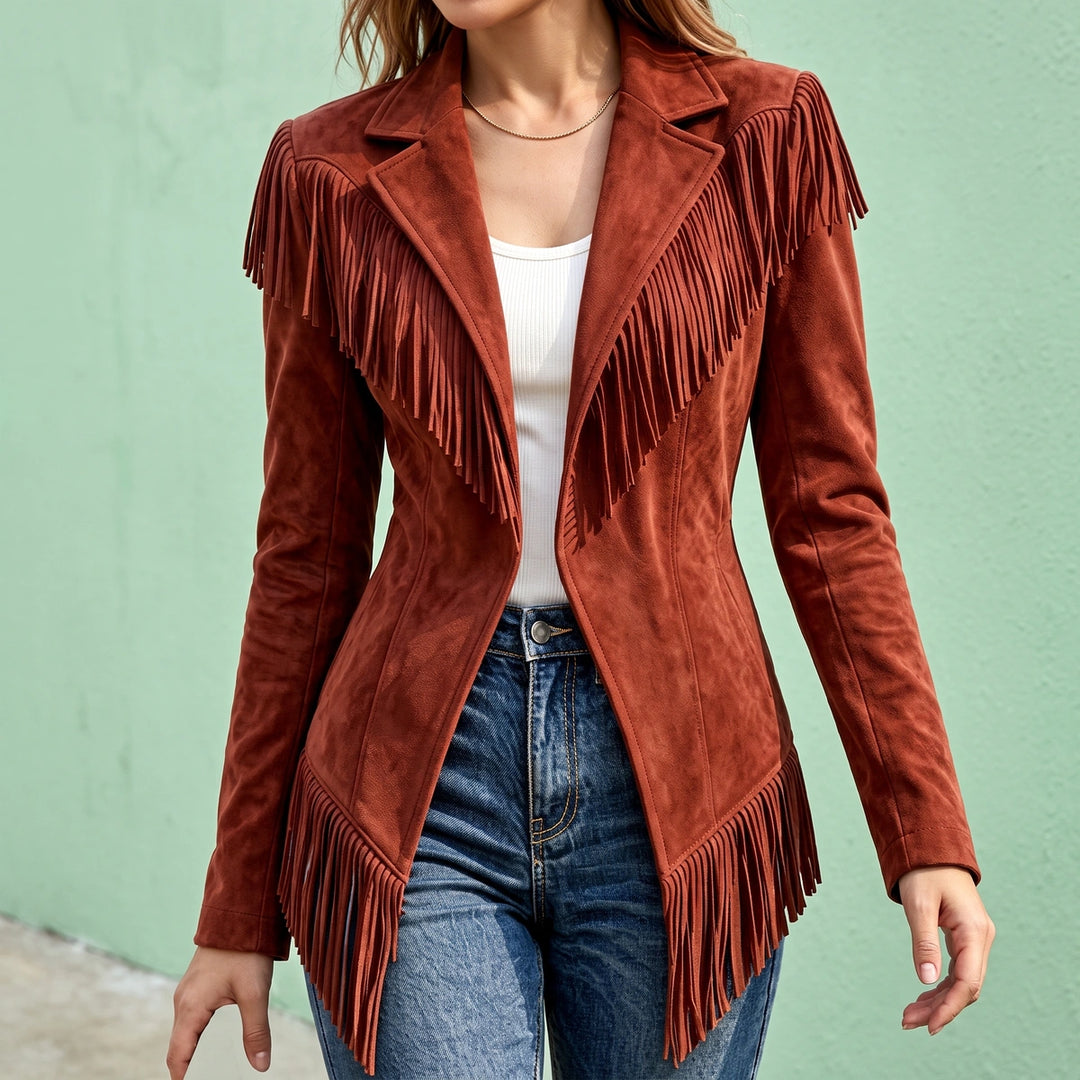 Temperance Fringed Microsuede Fitted Western Jacket - Red