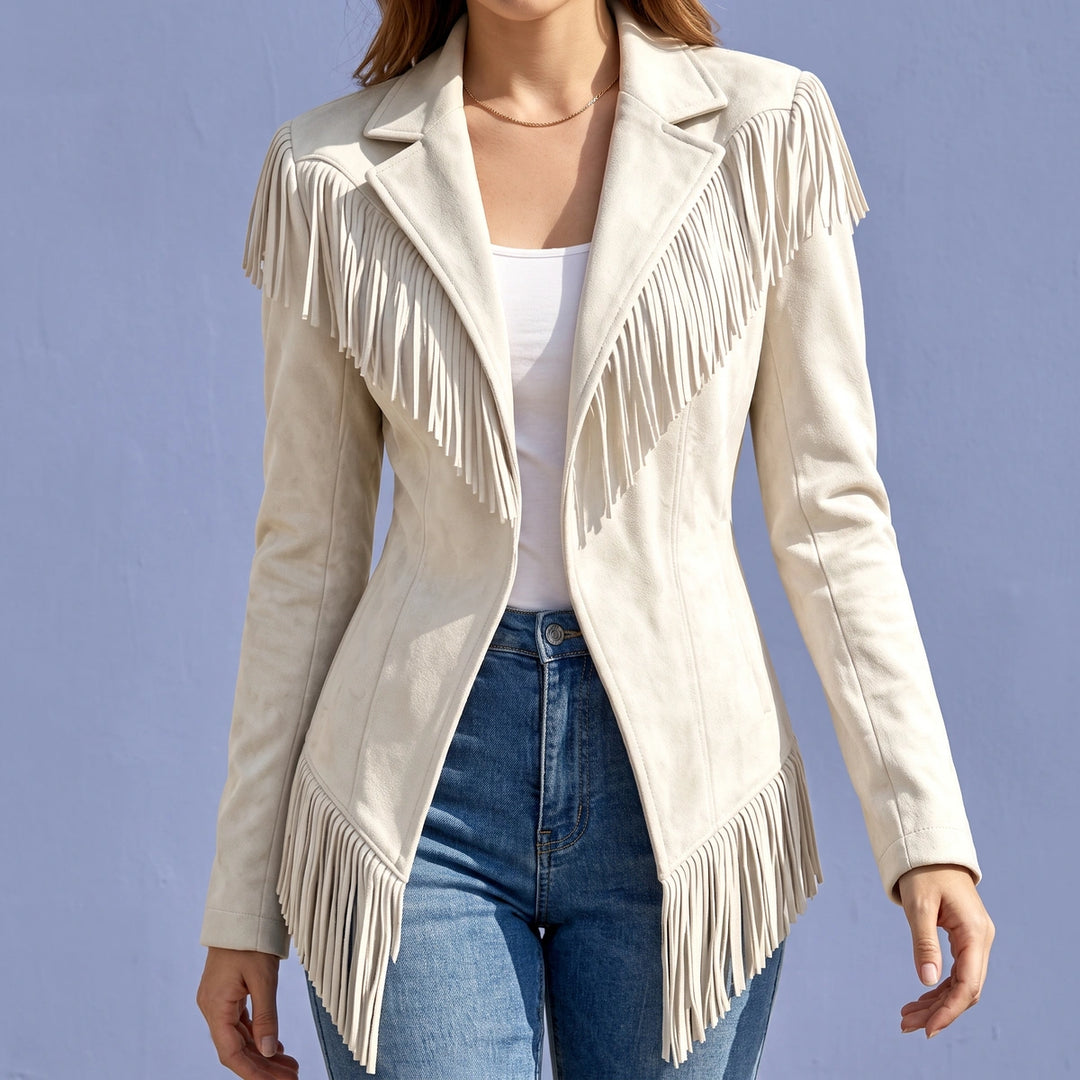 Temperance Fringed Microsuede Fitted Western Jacket - White