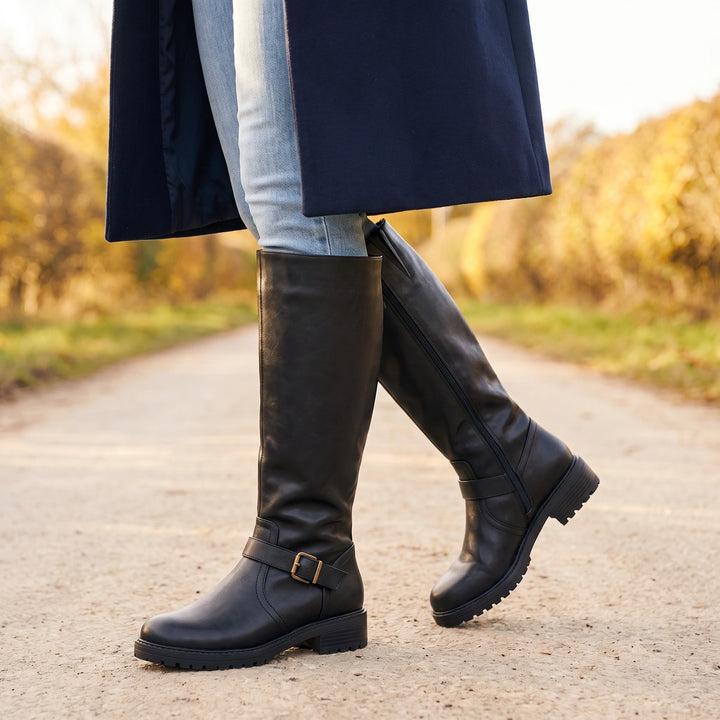 Tilly Knee High Buckle Riding Boots - Black