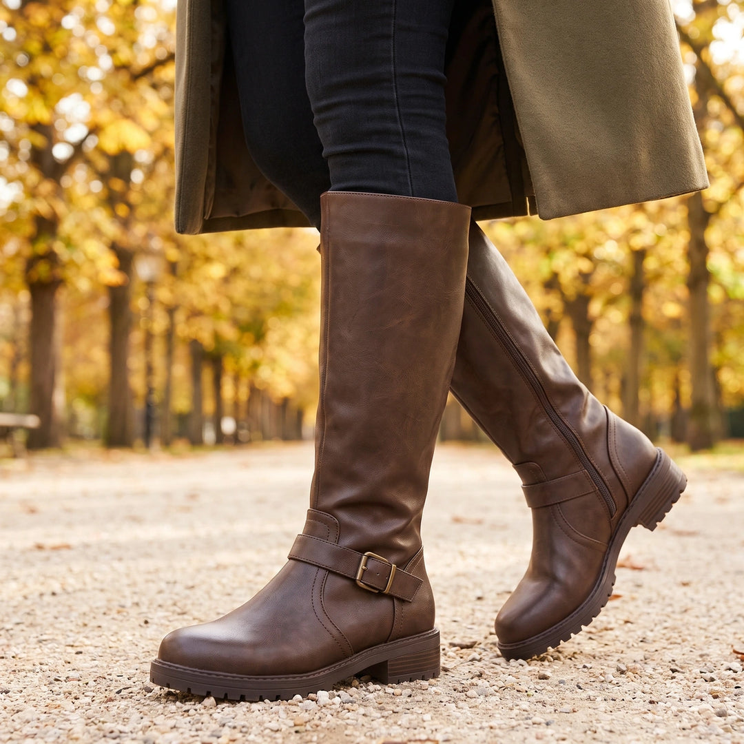 Tilly Knee High Buckle Riding Boots - Dark Brown
