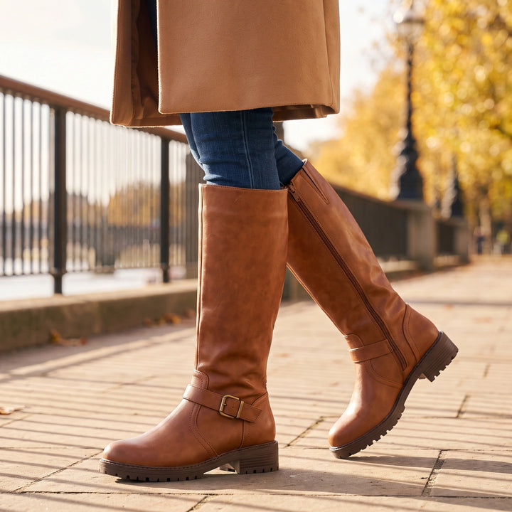 Tilly Knee High Buckle Riding Boots - Light Brown