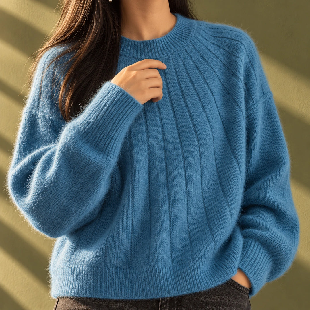 Tina Fluffy Wide Rib Relaxed Sweater - Blue