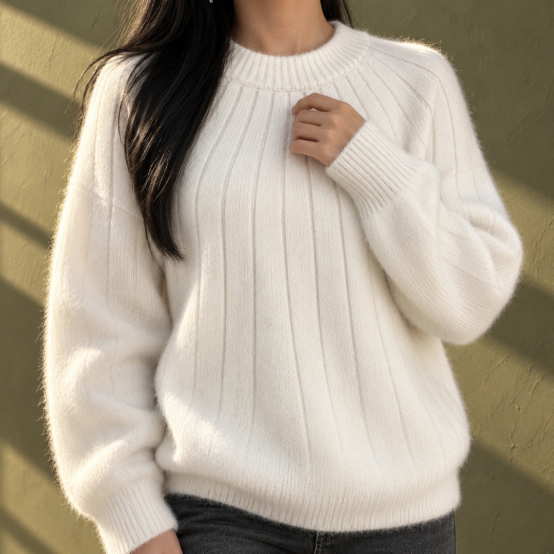 Tina Fluffy Wide Rib Relaxed Sweater - White