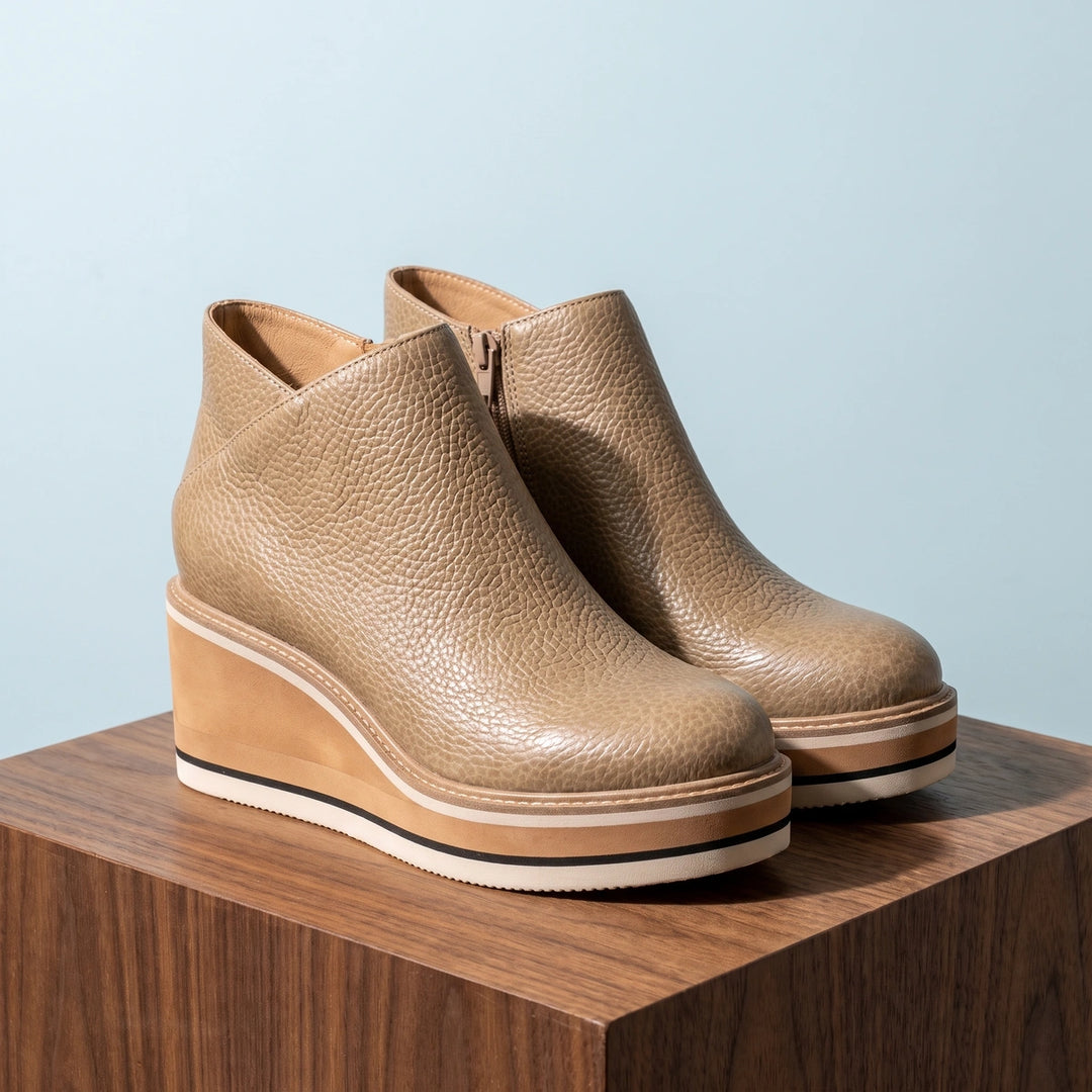 Viviana Grained Vegan Leather Layered Wedge Booties - Beige