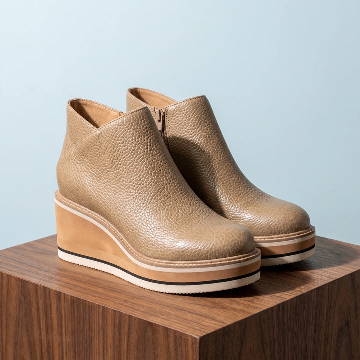 Viviana Grained Vegan Leather Layered Wedge Booties - Beige