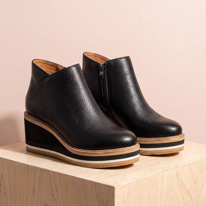 Viviana Grained Vegan Leather Layered Wedge Booties - Black