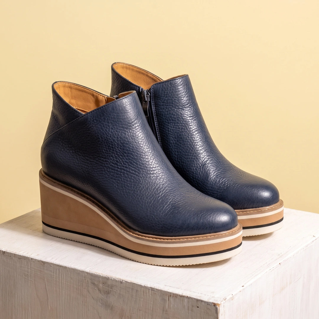 Viviana Grained Vegan Leather Layered Wedge Booties - Blue