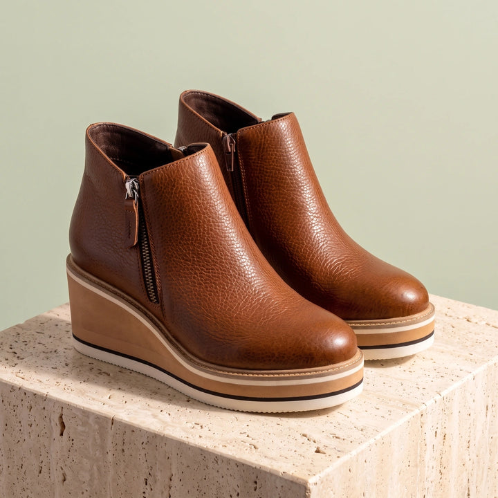 Viviana Grained Vegan Leather Layered Wedge Booties - Brown