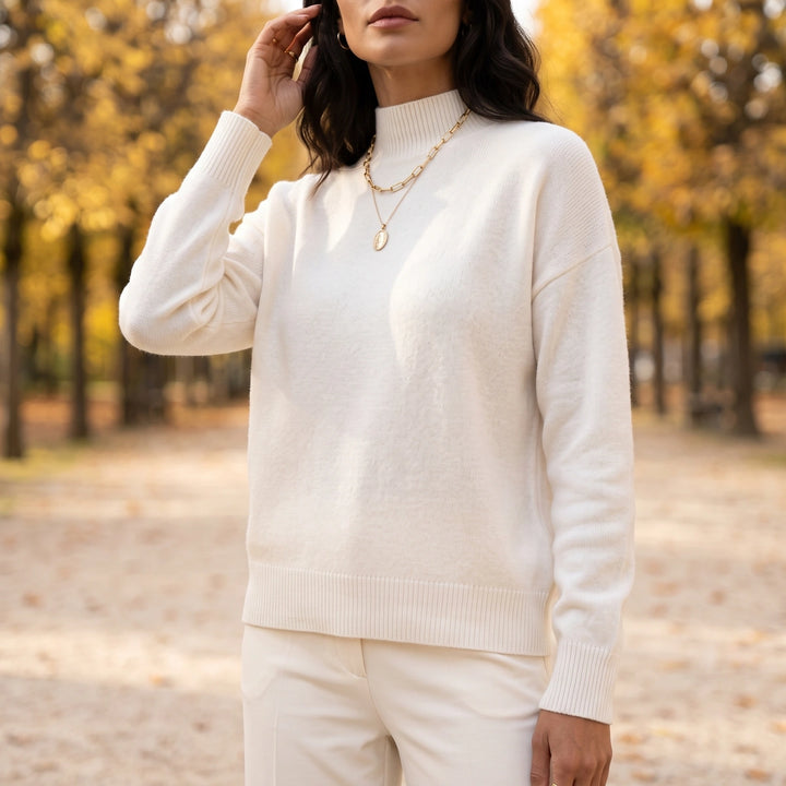 Wilma Soft Knit Mock Neck Relaxed Pullover - White