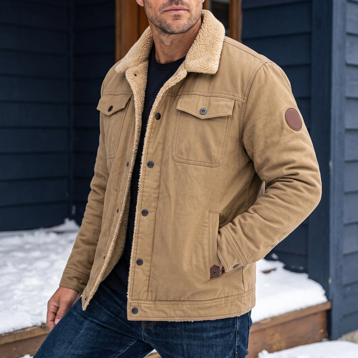 Xavier Cotton Canvas Sherpa Collar Trucker Jacket - Beige