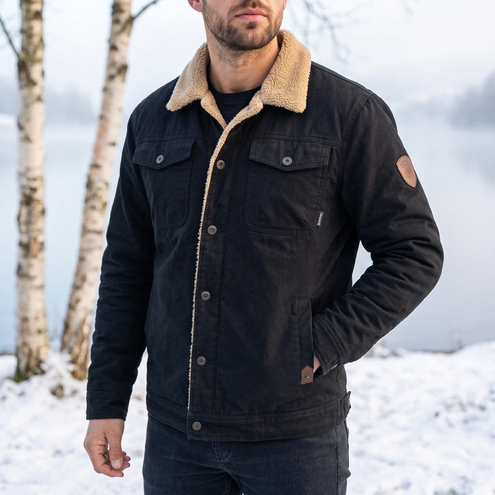 Xavier Cotton Canvas Sherpa Collar Trucker Jacket - Black