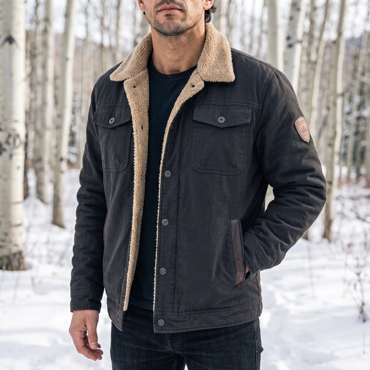 Xavier Cotton Canvas Sherpa Collar Trucker Jacket - Dark Gray