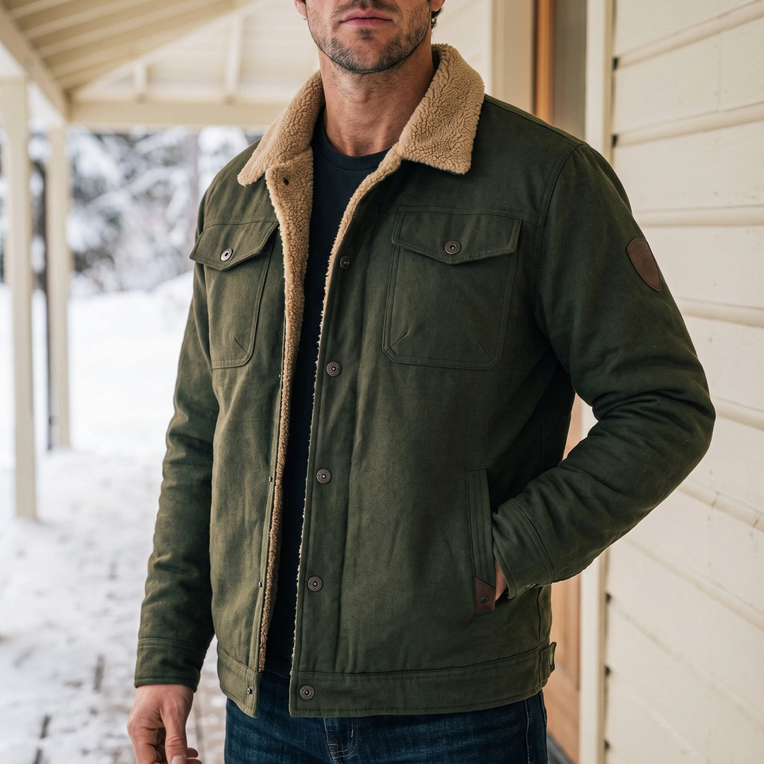 Xavier Cotton Canvas Sherpa Collar Trucker Jacket - Green