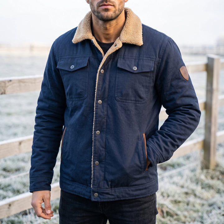 Xavier Cotton Canvas Sherpa Collar Trucker Jacket - Navy Blue
