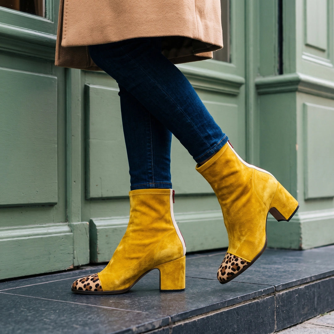 Ximena Leopard Toe Vegan Suede Block Heel Boots - Yellow