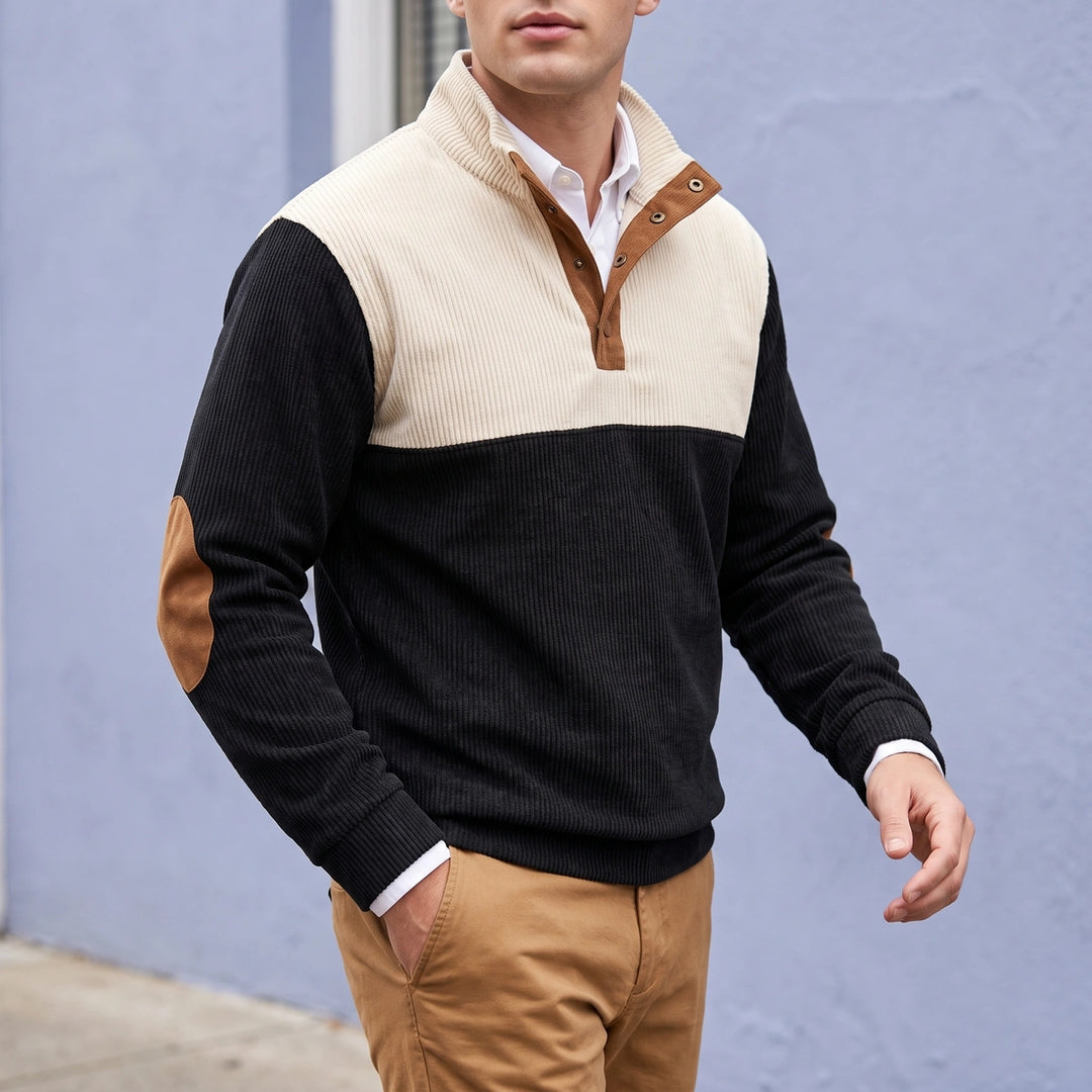 Yorick Two Tone Corduroy Button Placket Sweater - Black
