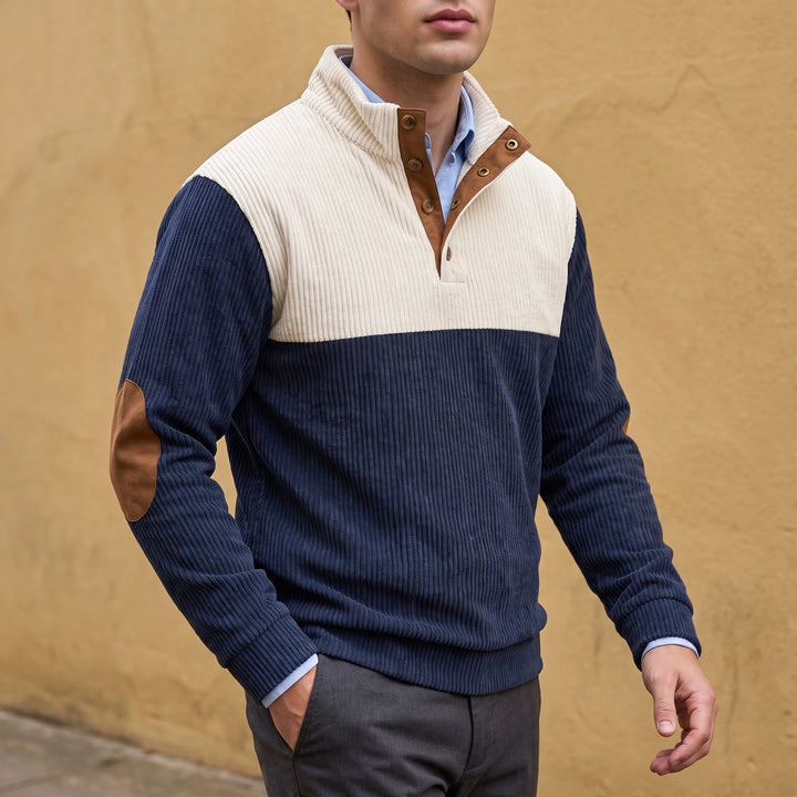 Yorick Two Tone Corduroy Button Placket Sweater - Blue