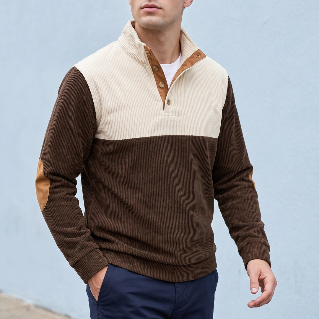 Yorick Two Tone Corduroy Button Placket Sweater - Brown