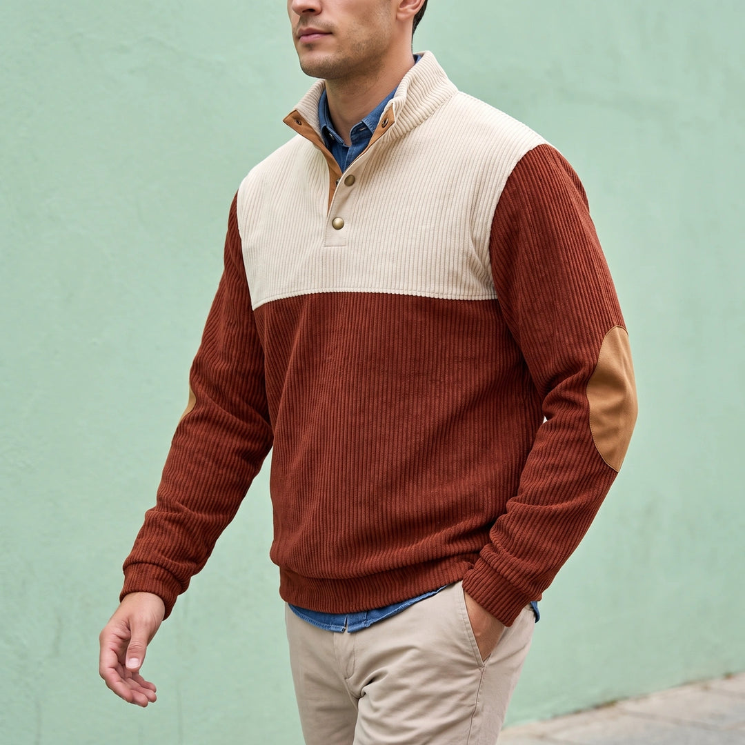 Yorick Two Tone Corduroy Button Placket Sweater - Red
